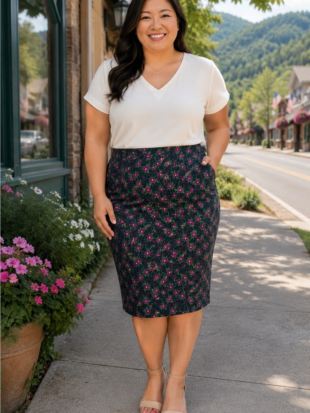 NWT Pencil Skirt 3XL Green Floral Plus Size Business Casual Stretch Skirt